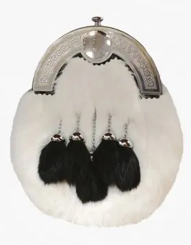 5 Tassels White Rabbit Fur Kilt Sporran- Front Image