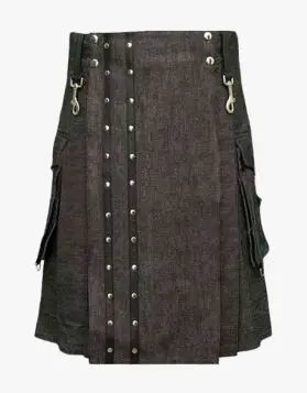 Black Heavy Denim Kilt with Straps 