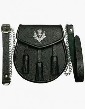 Black Leather Kilt Sporran with 3 Tassels- Front Image