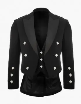 Black Prince Charlie kilt jacket with 3 Button Vest- Front Image 