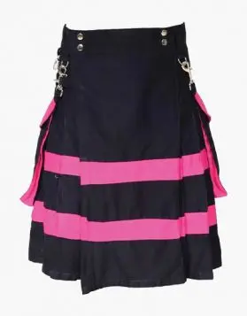 Black Utility Kilt with Pink Straps and Detachable Pockets - Front Image 