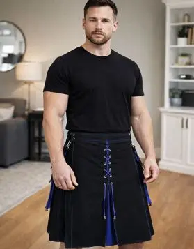 Black And Blue Hybrid Kilt With Detachable Pockets- Front Image