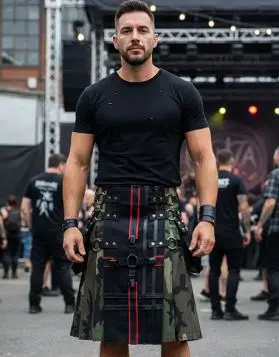 Black and Camo Fabric Gothic Utility Kilt- Front Image