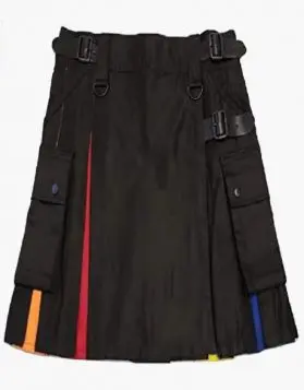 Ladies Black Rainbow Hybrid Kilt with Multiple Pockets  - Front Image 