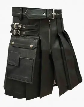 Men’s Stylish Black Pleated Leather Kilt- Front Image