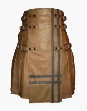 Scottish Brown Leather Kilt With Gothic Style- Front Image 