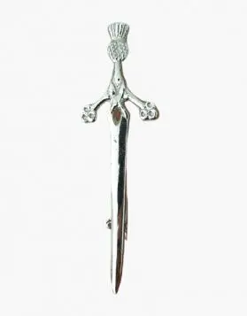Silver Chrome Claymore Sword Thistle Head Kilt Pin