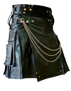 Black Fashion Gothic Leather Kilt with Chains- Front Image