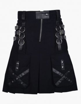 Black Gothic Utility Kilt with Front Pockets - Front Image 