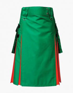 Green and Orange Hybrid Kilt with Detachable Pockets - Front Image 