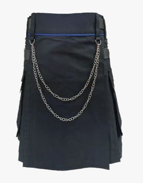 Scottish Modern Black Utility Kilt with Leather Straps- Front Image