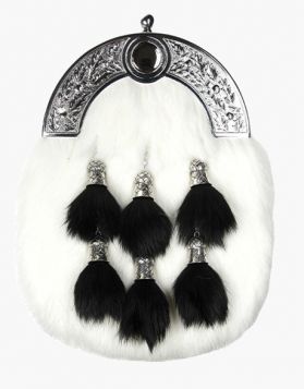 White & Black Rabbit Fur Kilt Sporran with 6 Tassels- Front Image
