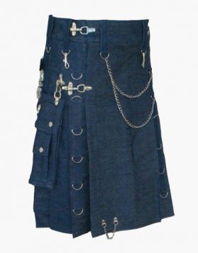 Modern Gothic Blue Denim Kilt with Detachable Pockets- Front Image 