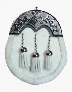 3 Tassel White Highland Cowhide Kilt Dress Sporran- Front Image