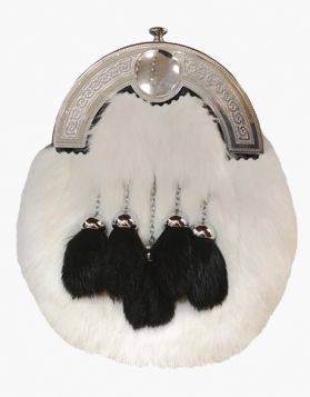 5 Tassels White Rabbit Fur Kilt Sporran- Front Image