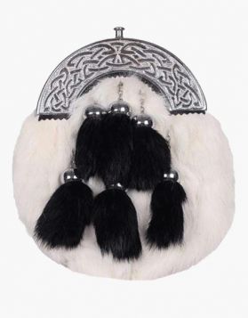 6 Tassels White Rabbit Fur Kilt Sporran - Front Image