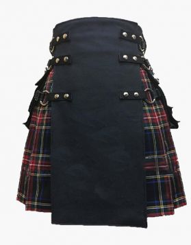 Black and Black Stewart Tartan Gothic Hybrid Kilt - Front Image 