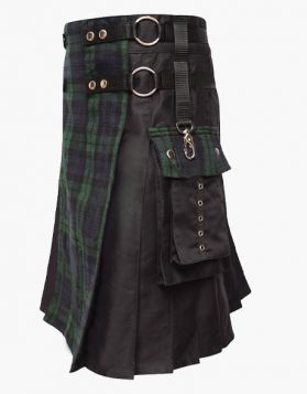 Black and Black Watch Tartan Hybrid Kilt - Side Image 