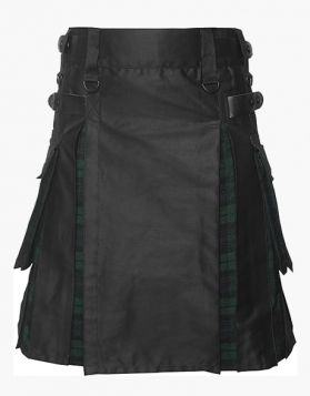 Black and Black Watch Tartan Hybrid Kilt with Fastening Straps - Front Image 