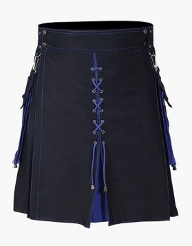 Black And Blue Hybrid Kilt With Detachable Pockets- Front Image