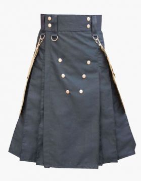 Black Utility Kilt with Detachable Khaki Pockets- Front Image 