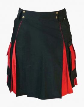 Black and Red Hybrid Kilt with Detachable Pockets - Front Image 