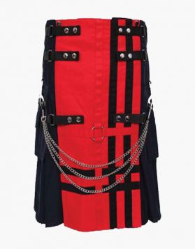 Black and Red Two-Tone Gothic Kilt with Decorated Front - Front Image 