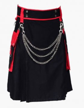  Black and Red Two-Tone Utility Kilt with Detachable Pockets - Front Image 