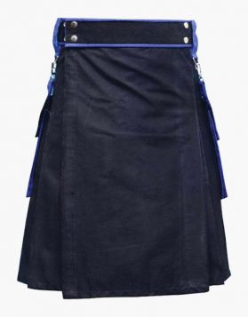 Black and Royal Blue Two-Tone Utility Kilt with Detachable Pockets - Front Image 