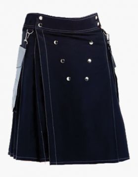 Black and White Two-Tone Utility Kilt with Detachable Pockets - Front Image 