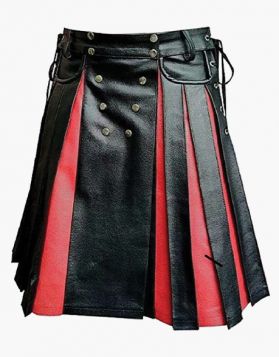 Black and Red Leather Gladiator Kilt with Back Pockets- Front Image