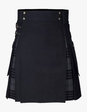 Black Cotton With Night Watch Tartan Hybrid Kilt- Front Image