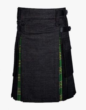 Black Denim and Irish Green Tartan Hybrid Kilt