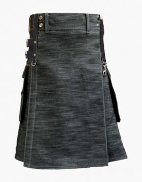 Black Denim Kilt with Fastening Straps - Front Image 