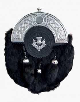 Black Fur Kilt Sporran with Celtic Thistle Design - Front Image  