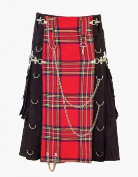 Black Gothic And Royal Stewart Tartan Hybrid Kilt- Front Image 
