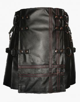 Black  Gothic Leather Kilt with Stylish Apron - Front Image 