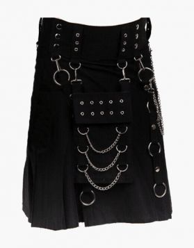 Black Gothic Utility Kilt with Detachable Front Pocket- Front Image