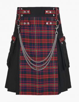 Black Gothic Utility Kilt with Detachable Tartan Apron- Front Image