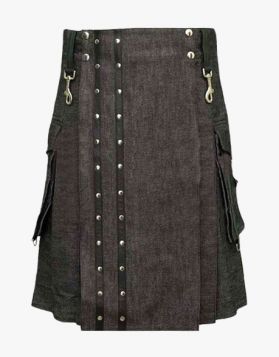 Black Heavy Denim Kilt with Straps 