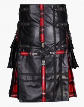 Black Leather with Royal Stewart Tartan Hybrid Kilt - Front Image
