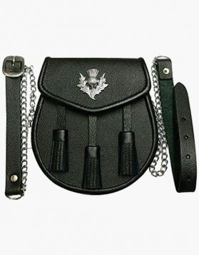Black Leather Kilt Sporran with 3 Tassels- Front Image