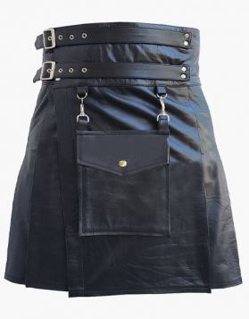Black Leather Kilt with Fastening Straps - Front Image