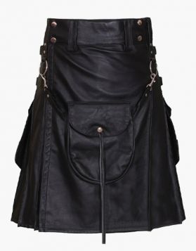 Black Leather Kilt with Front Pocket - Front Image