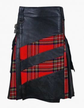 Black Leather with Royal Stewart Tartan Hybrid Kilt - Front Image
