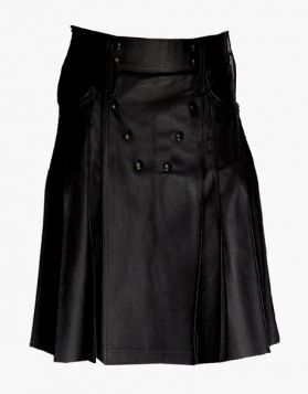 Black Pleated Leather Kilt- Front Image