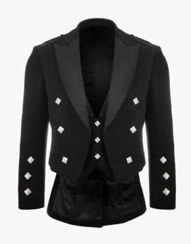 Black Prince Charlie kilt jacket with 3 Button Vest- Front Image 