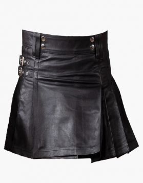 Black Short Leather Kilt with Fastening Straps - Front Image