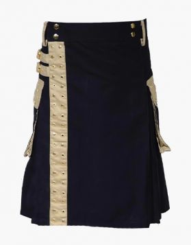 Black Utility Kilt with Khaki Straps and Rivets Style - Front Image 