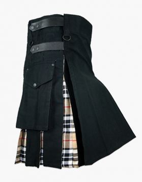 Black With Camel Thomson Tartan Hybrid Kilt- Side Image 
